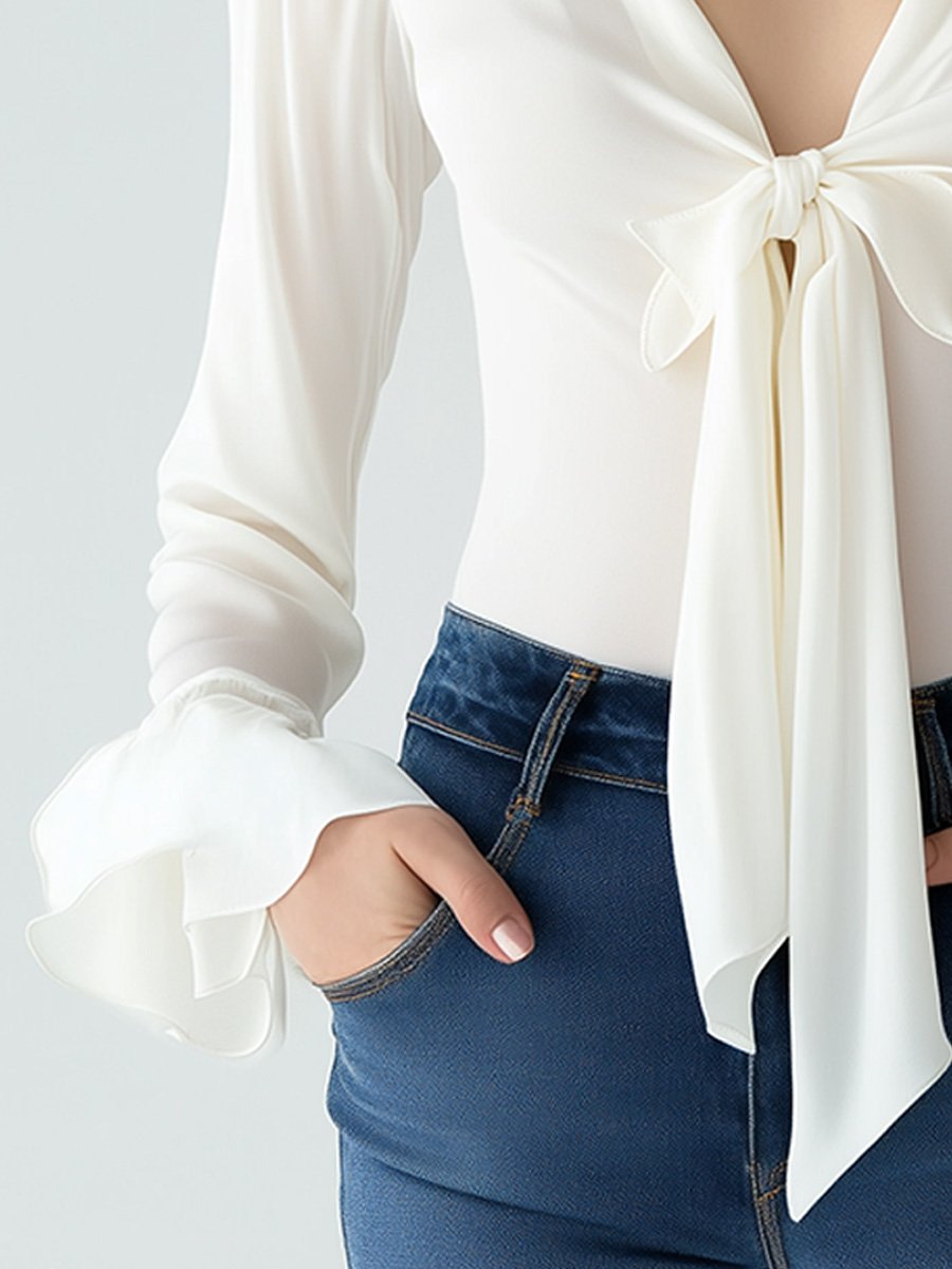 Elegant Deep V-Neck Bow-Tie with Flared Cuffs Blouse