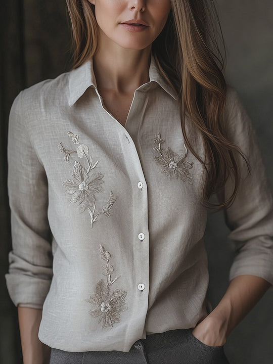 Casual Linen Embroidered Long Sleeve Shirt