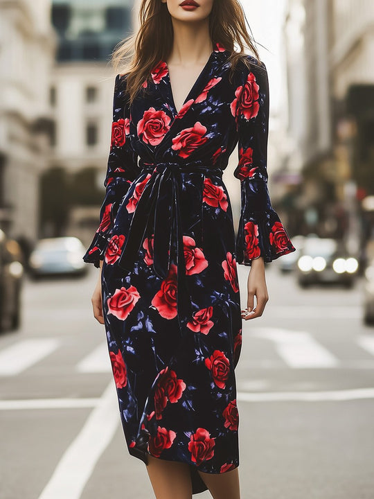 Casual Vintage V-Neck Velvet Rose Print Midi Dress