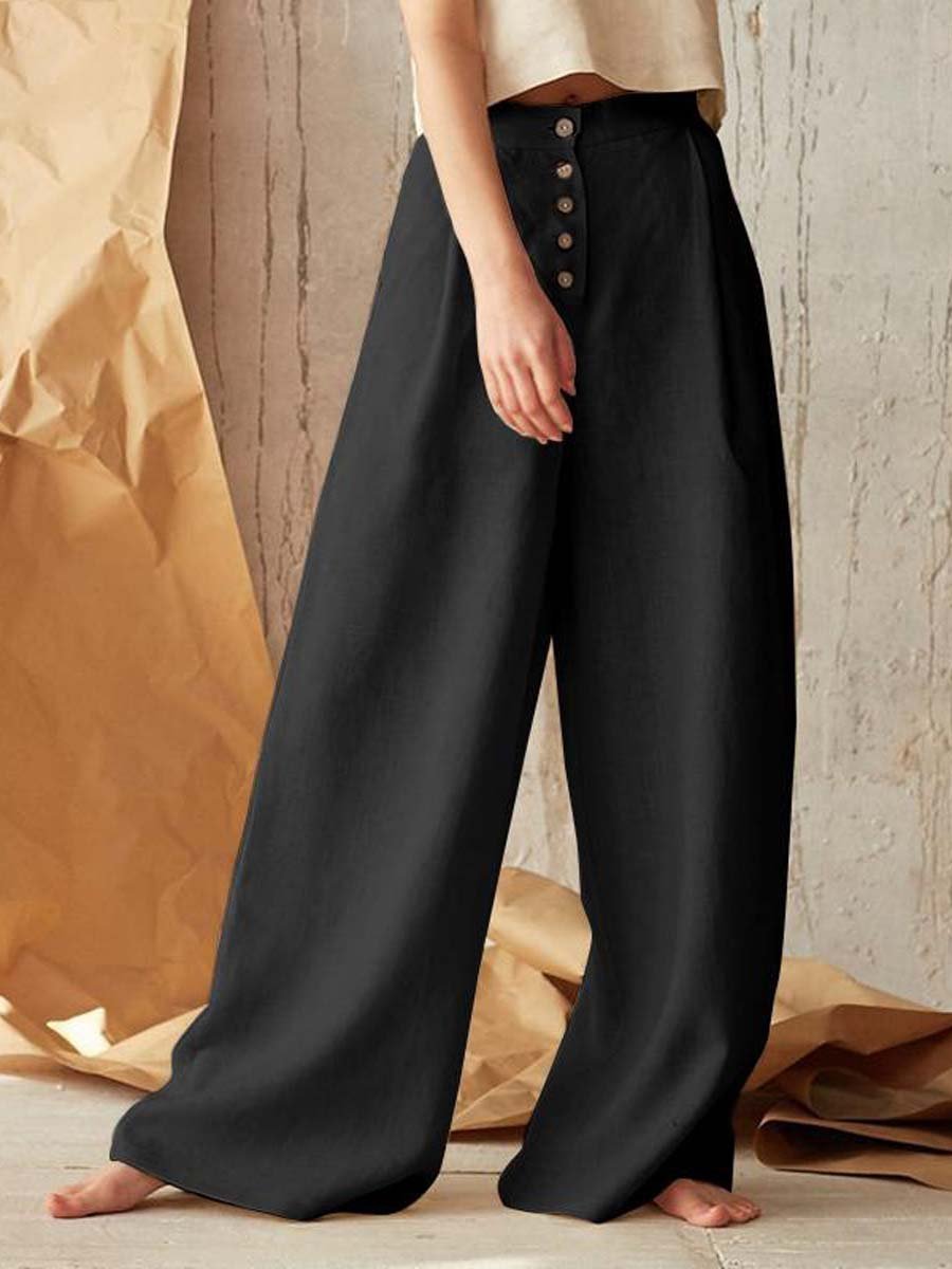 Women's High Waist Casual Button Cotton Linen Wide Leg Pants