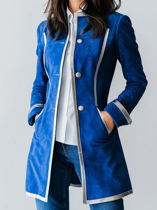 Stylish Silver Trim Single-breasted Suede Trench Coat