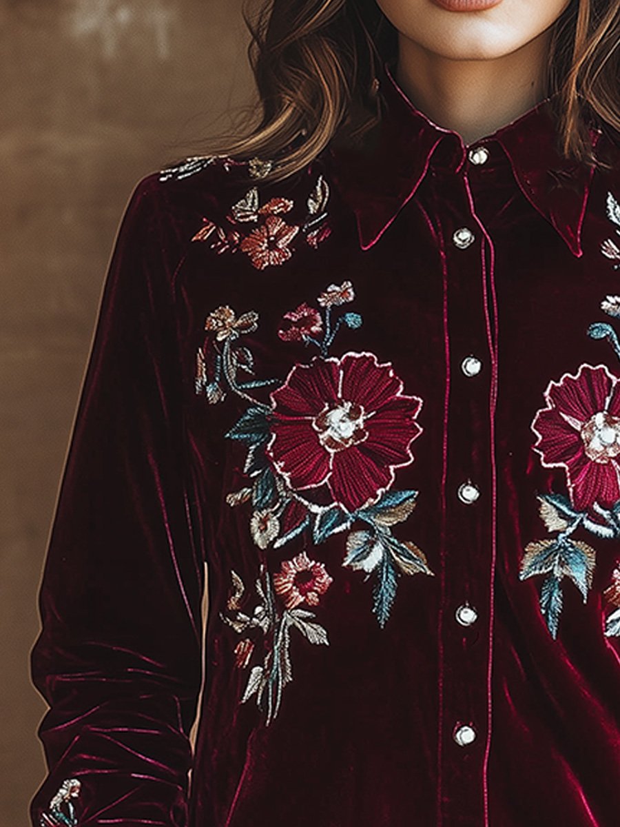 Elegant Red Velvet Embroidered Long Sleeve Shirt