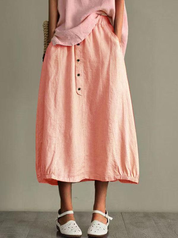 Cotton and Linen Elastic Waist Pocket Button Skirt