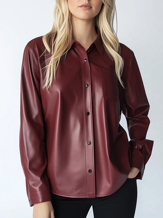 Red Vintage Lapel Button-Down Leather Shirt