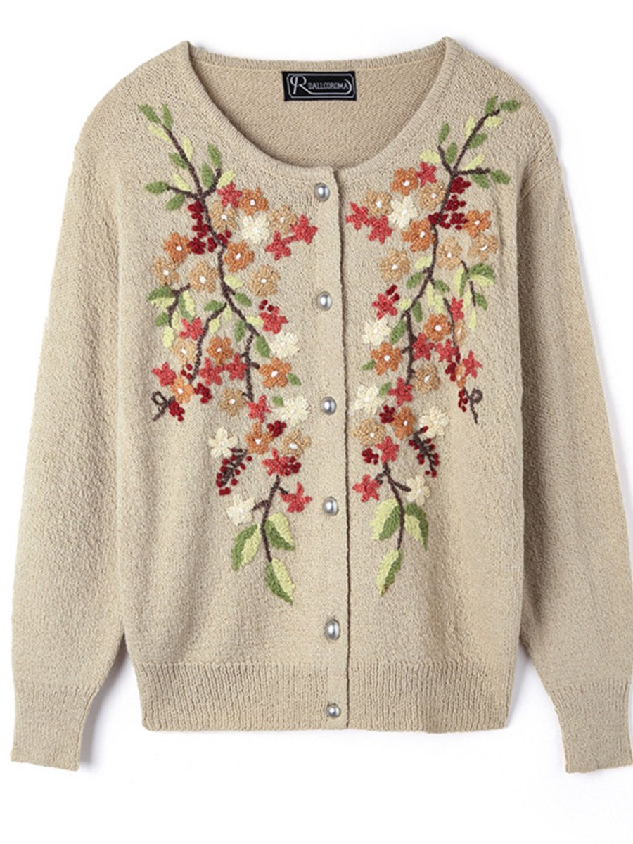 Hand-embroidered Crew Neck Wool Long-sleeved Cardigan