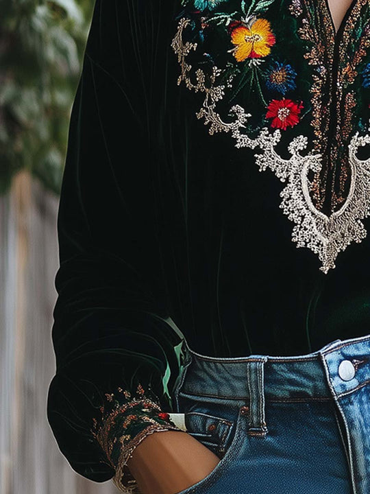 Women's Vintage Velvet Embroidered Shirt