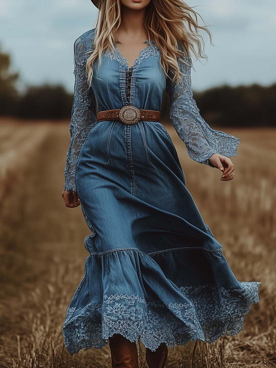 Women's Vintage Lace Hem Denim Maxi Dress