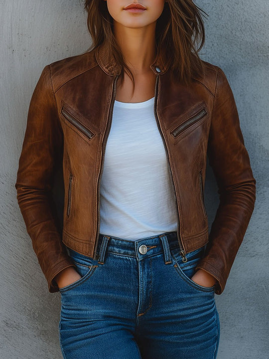 Chic Multiple-pocket Crew Neck Biker Leather Jacket