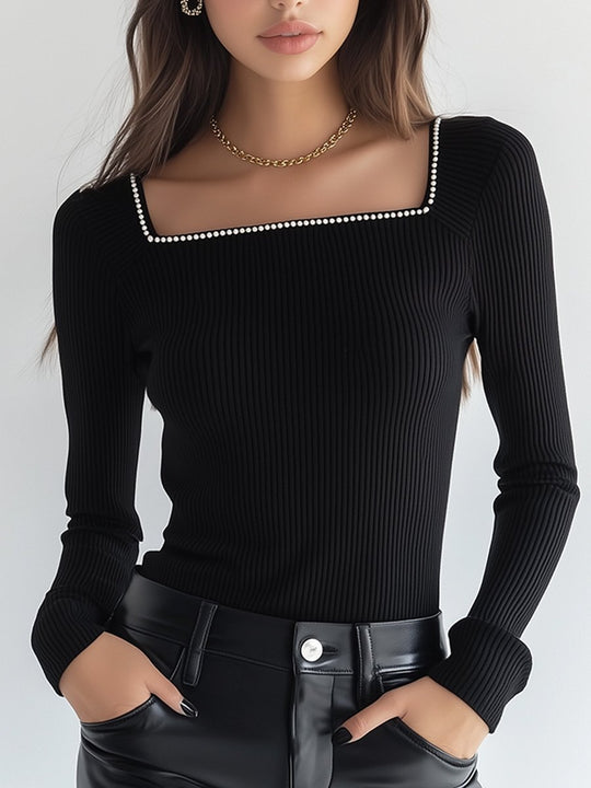 Black Base Shirt with Chic Square Neck and Diamond Embellishment