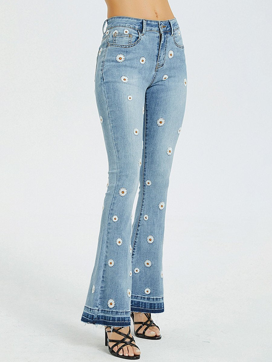 Chic Daisy Embroidered Slim-fit Flared Jeans