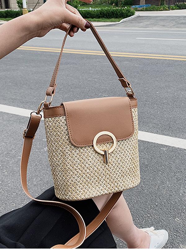 Crossbody Straw Woven Vacation Bucket Bag