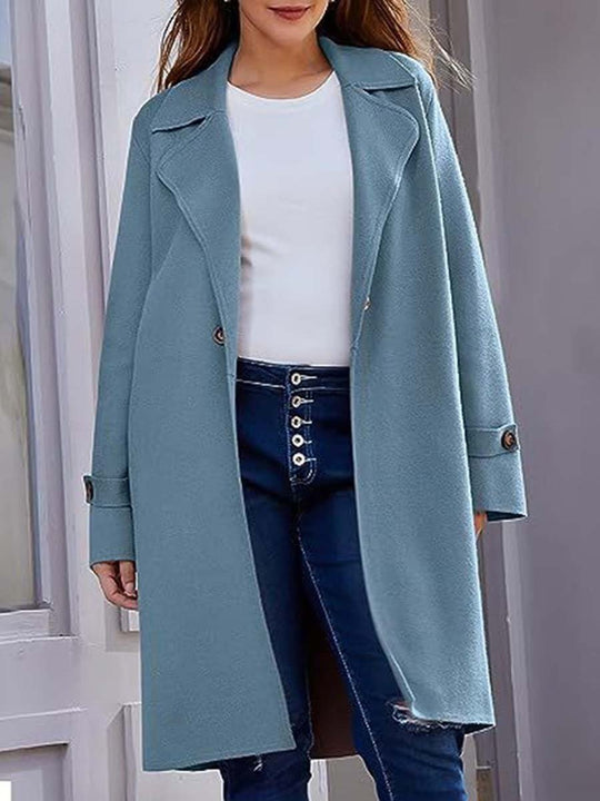 Ladies Long Sleeve Lapel Button Loose Woolen Coat