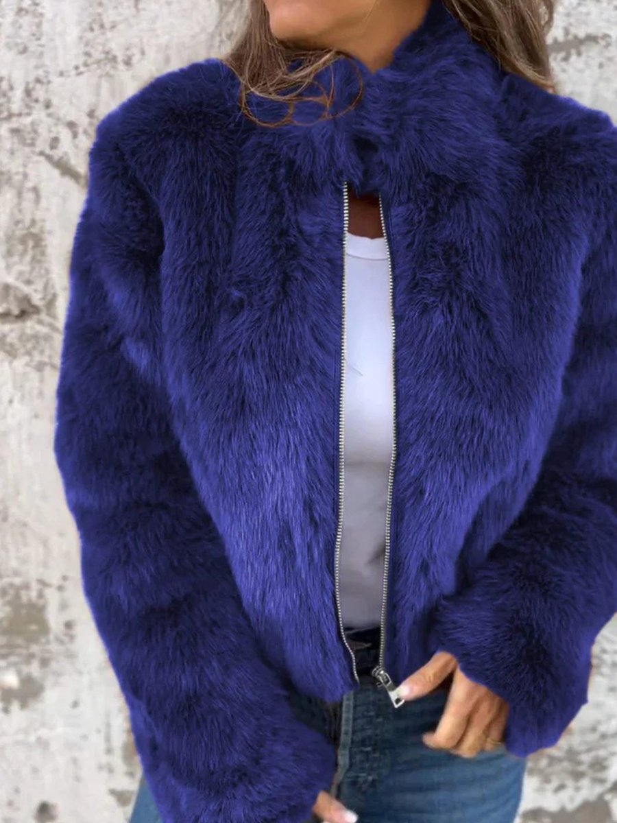 Chic Eco-friendly Faux Fur Stand Collar Zip-up Jacket