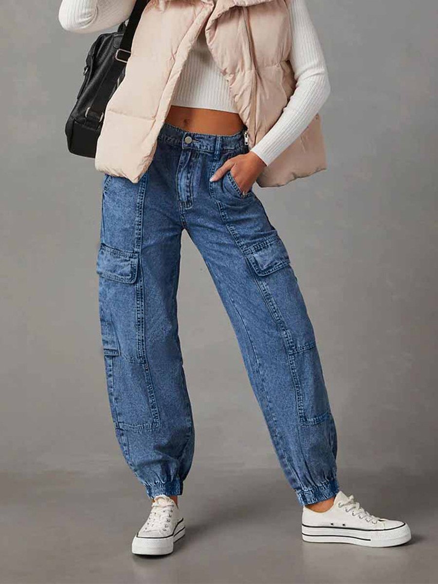 Fashion Casual Elastic Waist Loose Cargo Jeans