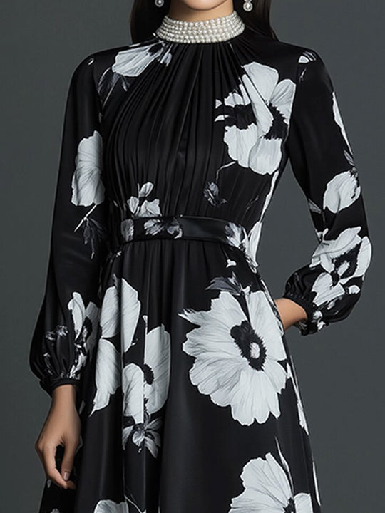 Elegant Commuter Long Sleeve Printed Maxi Dress