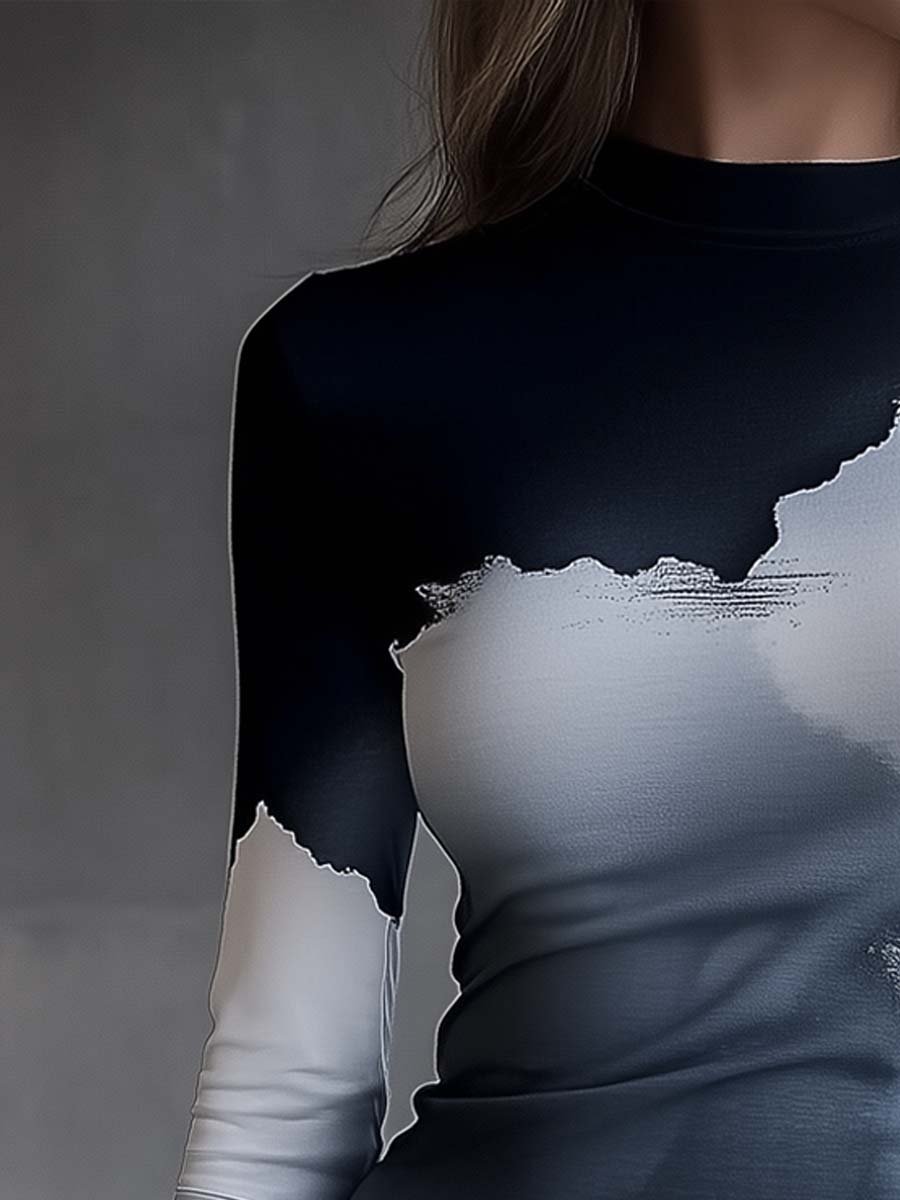 Monochrome Abstract Print Long-Sleeve Top