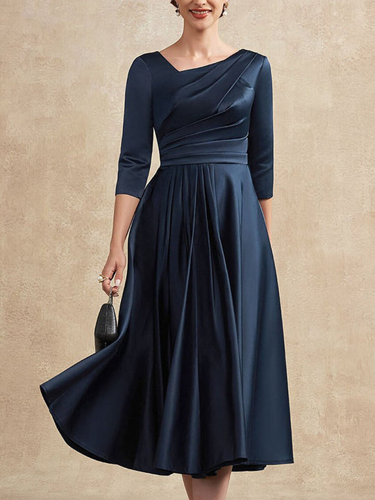 Asymmetrical A-Line Pleated Satin Midi Dress