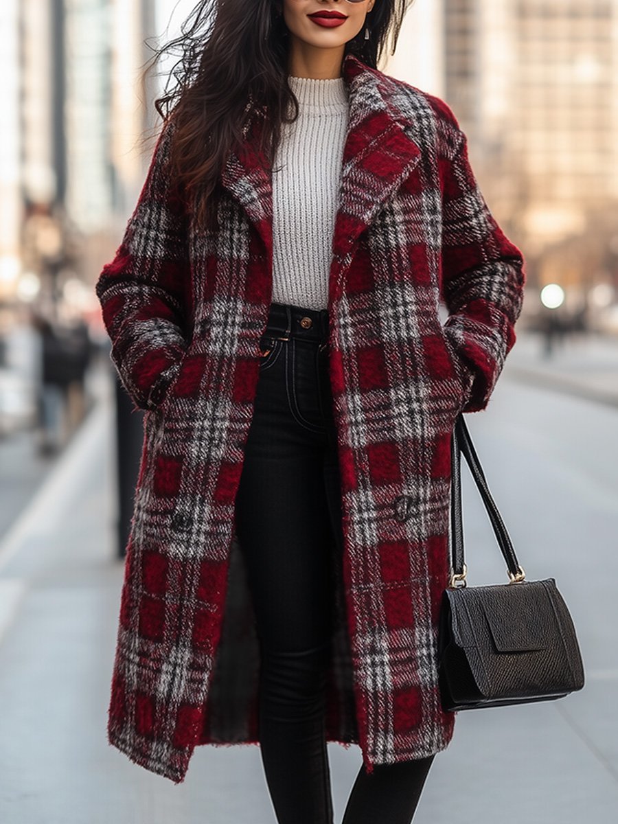 Casual Loose Retro Pocket Woolen Plaid Mid-Length Coat