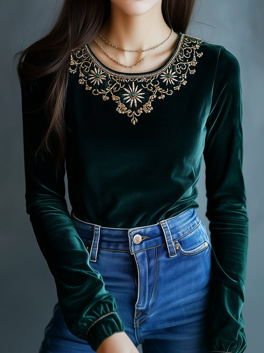 Boho Round Neck Golden Embroidery Velvet Top