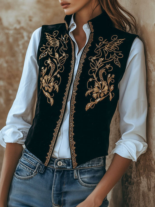 Vintage Gold Thread Embroidery No Button Suede Vest