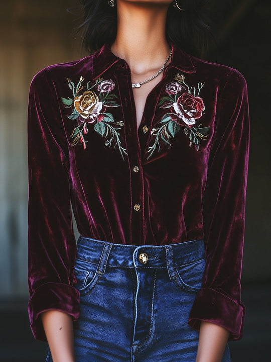 Simple Lapel Roses Embroidery Lon Sleeve Velvet Shirt