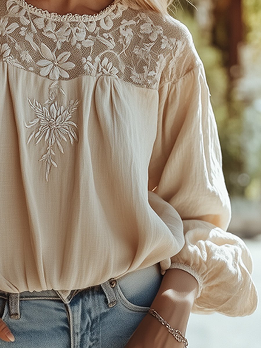 Romantic Lace Embroidery Lantern Sleeve Cotton and Linen Shirt