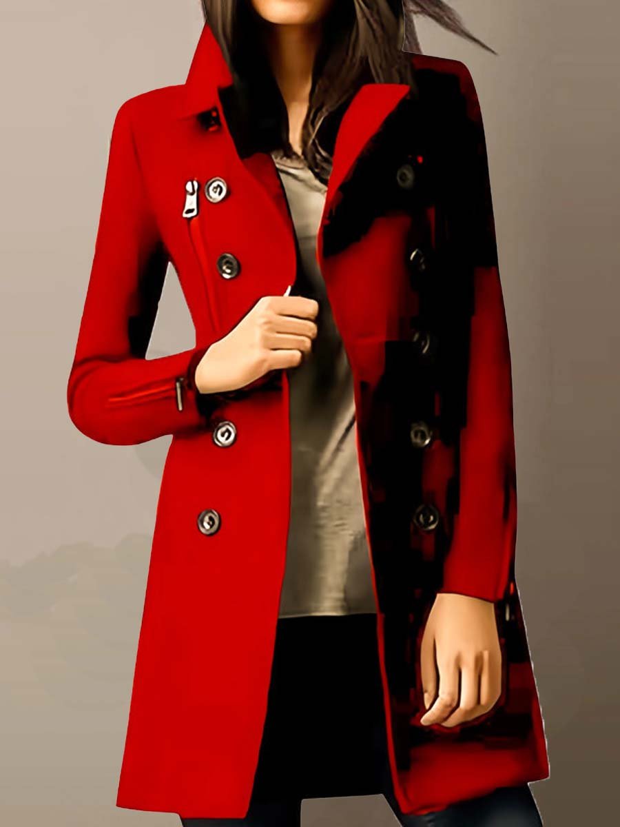 Women's Double-Breasted Multi-Pocket Woolen Coat