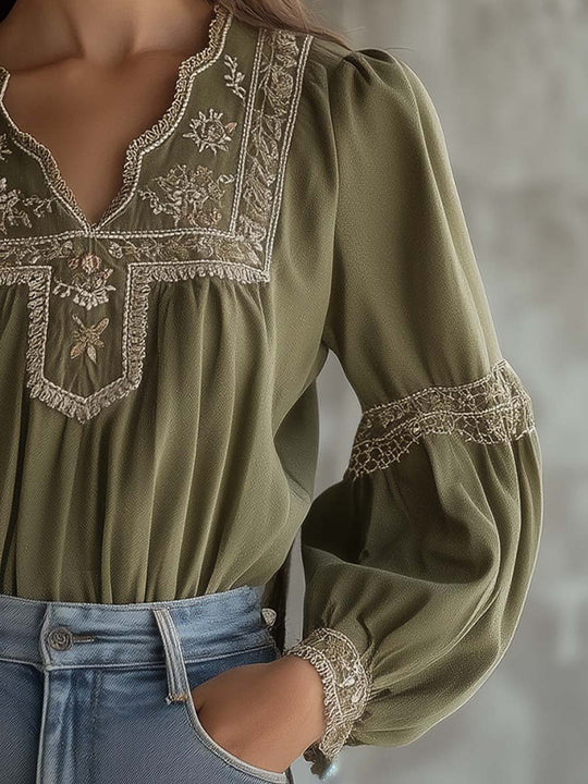 Vintage Olive Green Blouse with Intricate Embroidery