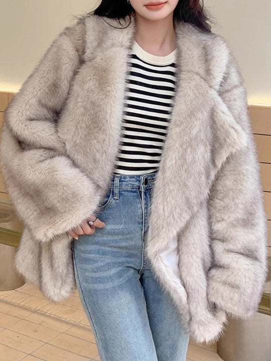 Comfortable and Versatile Fox Fur Mid-length Coat with Large Lapel