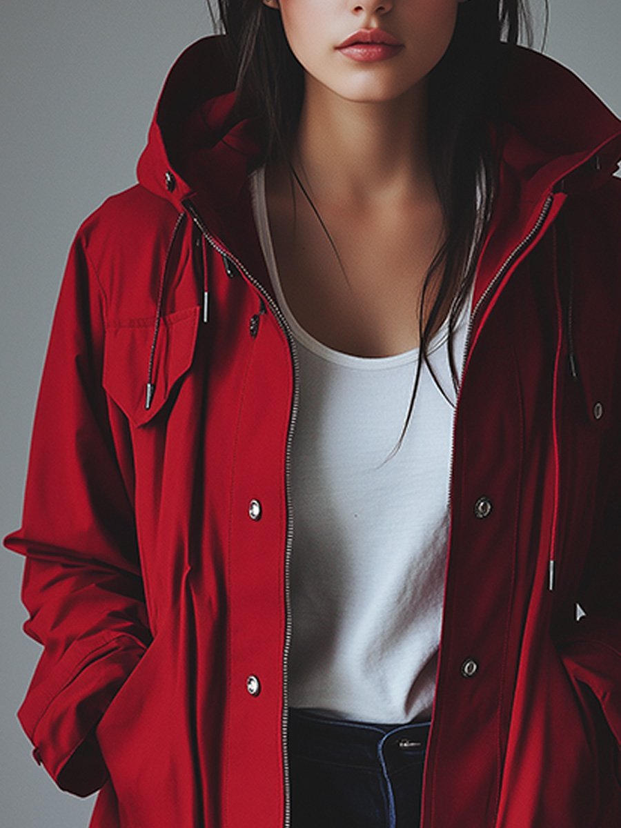 Red Casual Hooded Worker Jacket