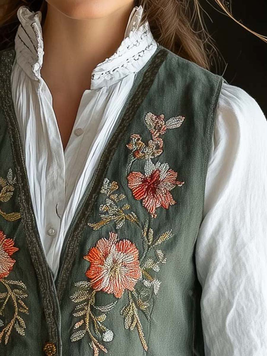 Olive Green Floral Embroidered Button-Up Linen Vest