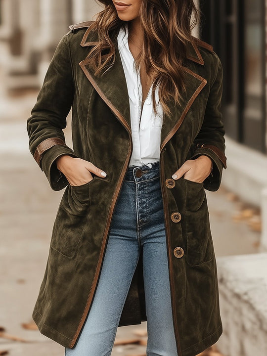 Retro Leather Trim Pockets Buttons Suede Trench Coat