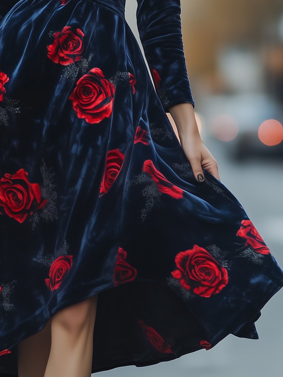 V-neck Vintage Blue Velvet Rose Print Midi Dress with Wide Skirt