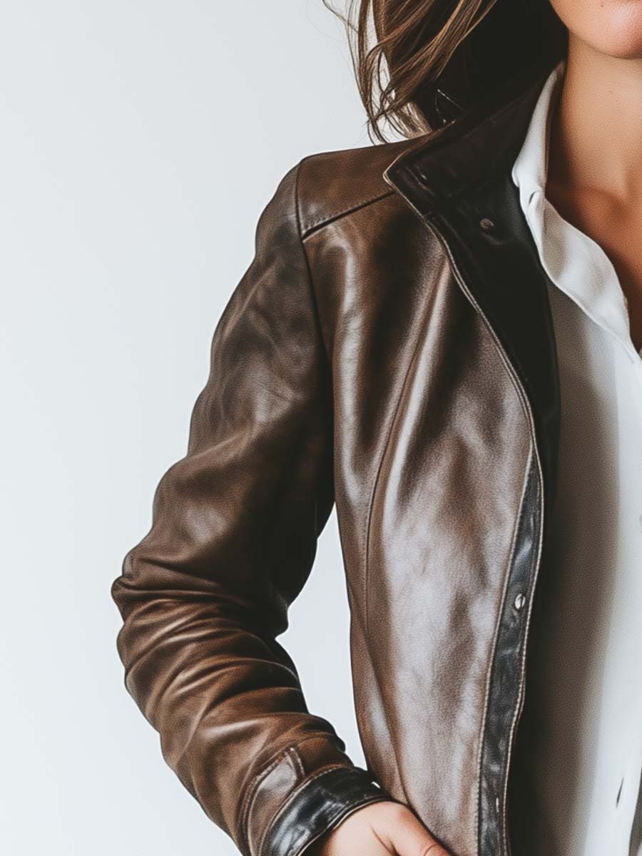 Women's Vintage Contrast Trim Leather Jacket