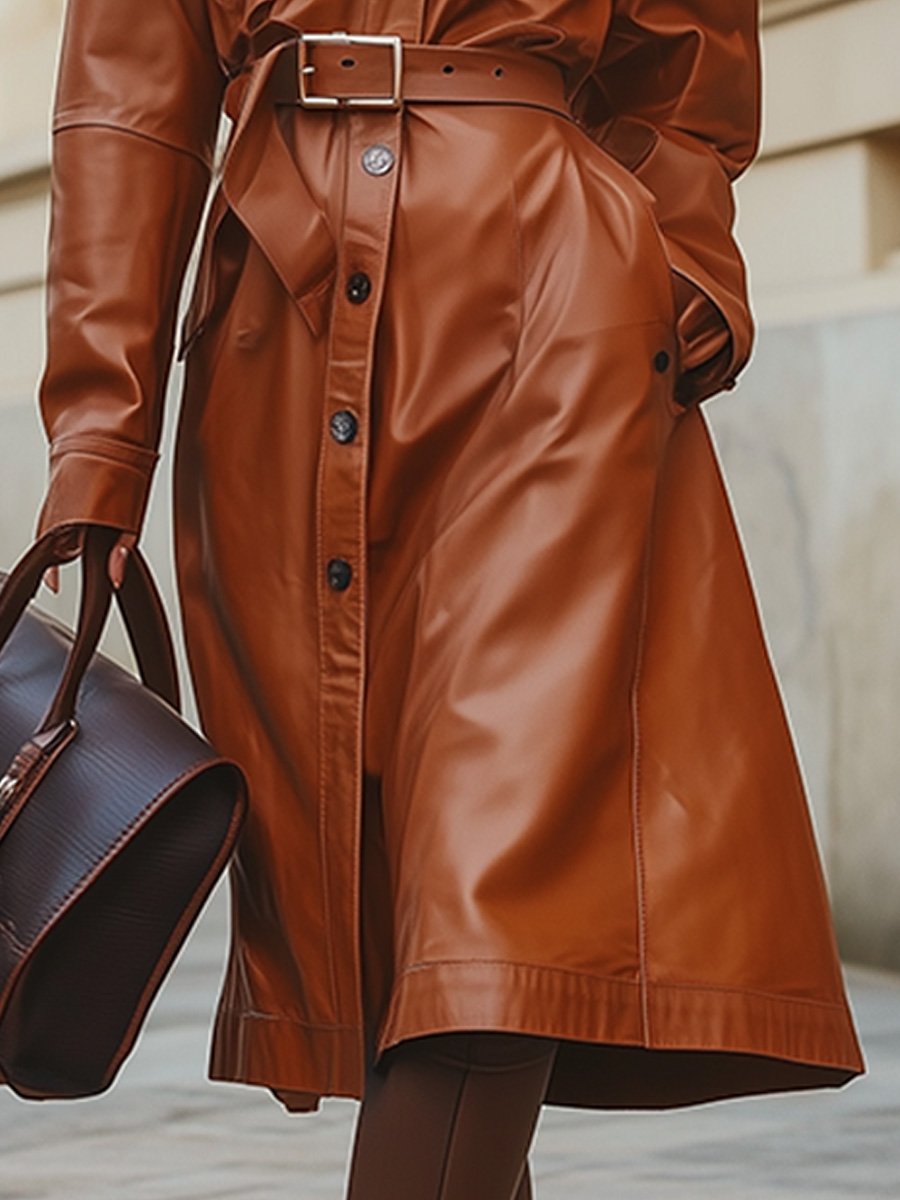 Brown Vintage Lapel Zipper Midi Leather Dress