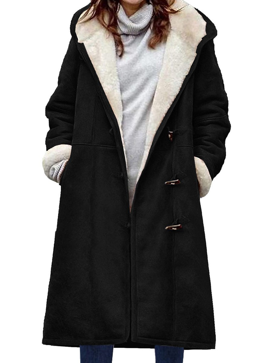 Suede Solid Color Horn Button Pocket Long Thick Plush Coat