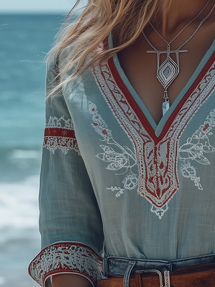 Embroidered Boho V-Neck Blouse