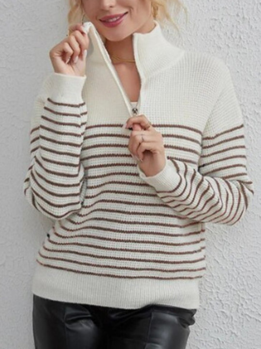 Turtleneck Striped Colorblock Long Sleeve Zipper Pullover Knit Sweater