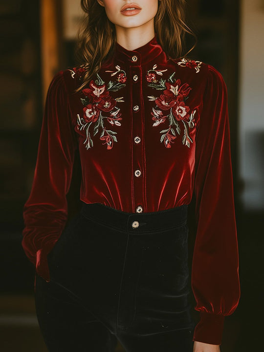 Casual Vintage Embroidered Velvet Stand Collar Shirt