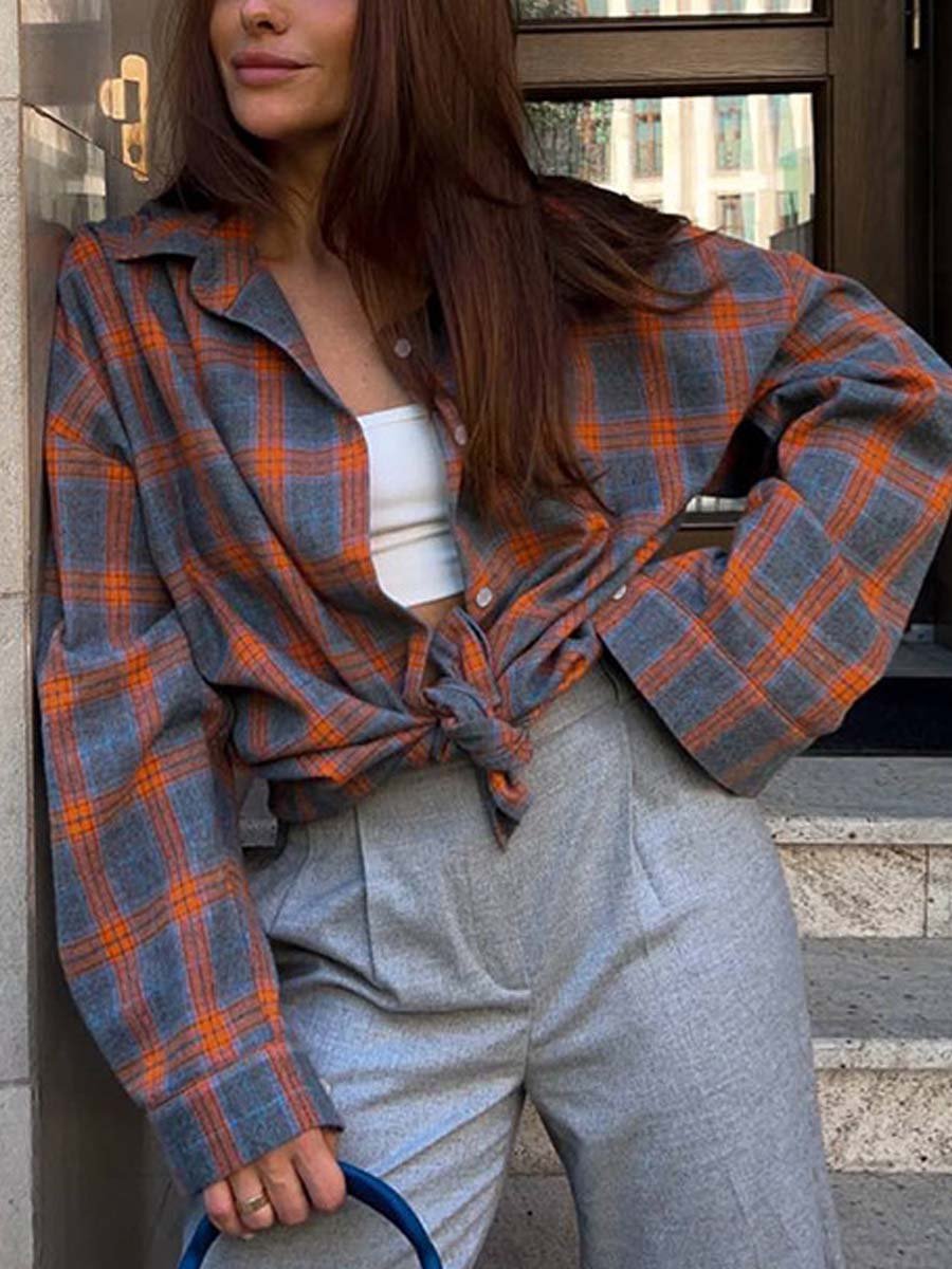 Women's Retro Loose Plaid Long Sleeve Shirt