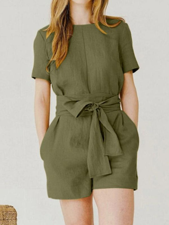 Casual Cotton and Linen Solid Color Belted Jumpsuit