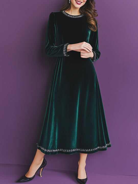 Vintage Round Neck Solid Velvet Long Sleeve Maxi Dress