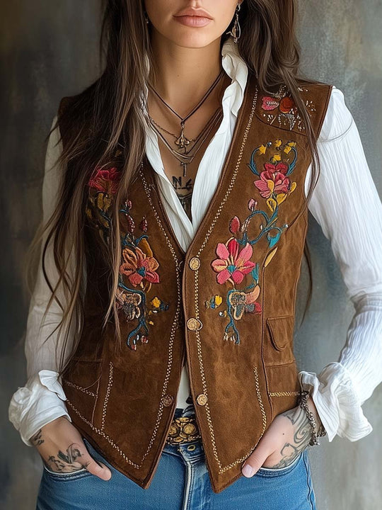 Vintage Gold Trim Flower Embroidered Suede Vest