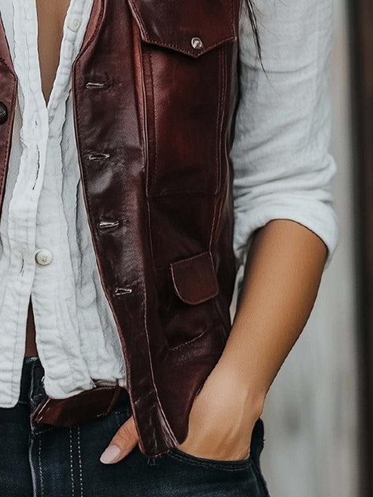 Women's Vintage Burgundy Multi-Pocket Leather Waistcoat