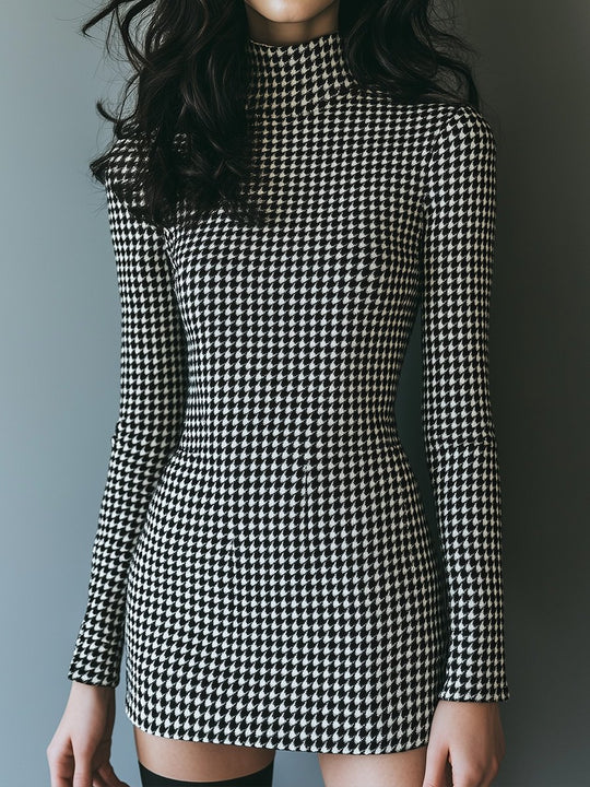 Retro Elegant High-End Turtleneck Houndstooth Dress