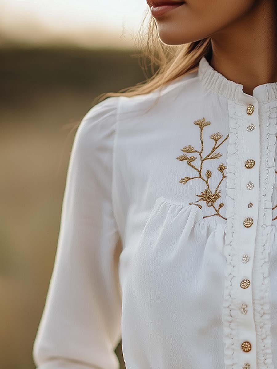 Women's Gold Embroidered Cotton Long-sleeved Blouse