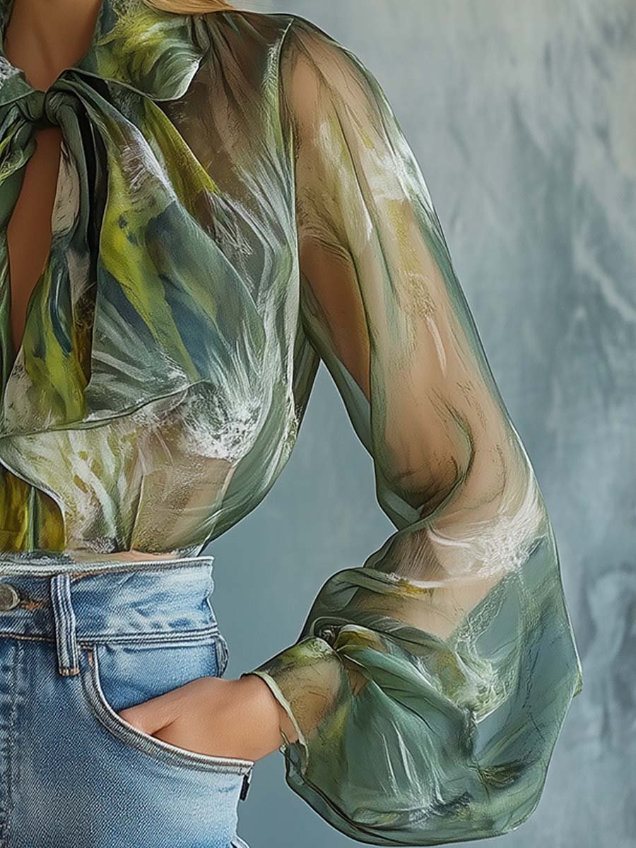 Ethereal Grace Sheer Green Bow-Tie Blouse