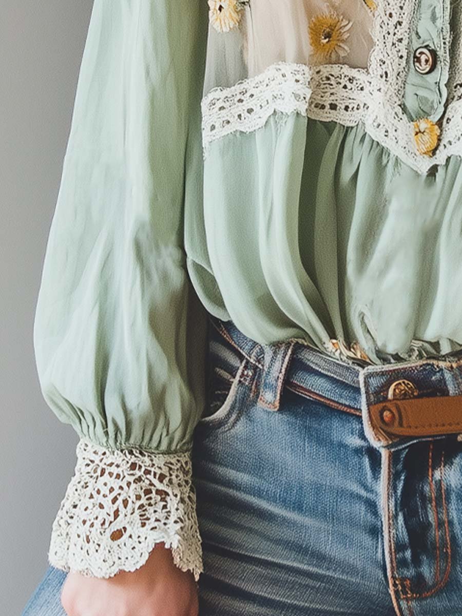 Vintage Floral Print Lace Shirt