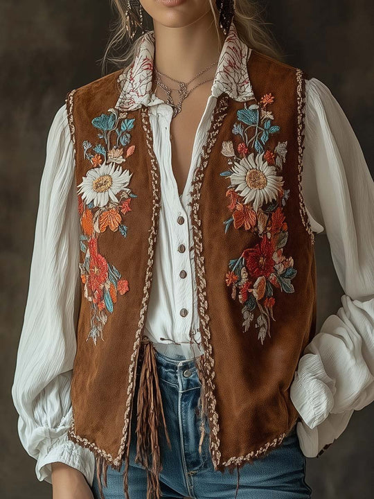 Women's Embroidered Vintage Suede Vest