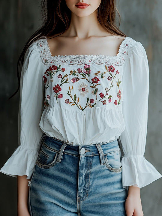 Retro Lace Trim Three-quater Sleeve Embroidery Blouse